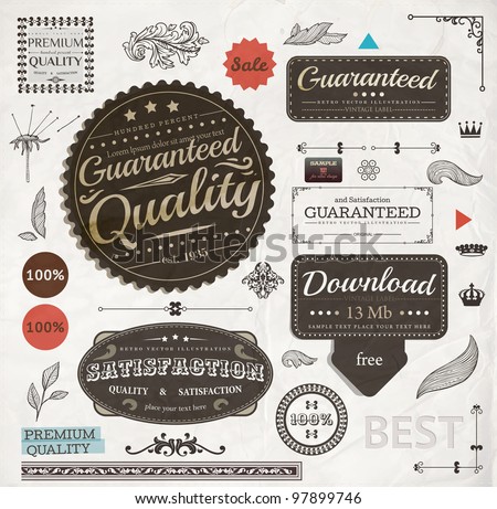 Set of vintage Premium Quality and Guaranteed labels, engraving leafs and flower and other vintage elements for retro design. Old paper texture.