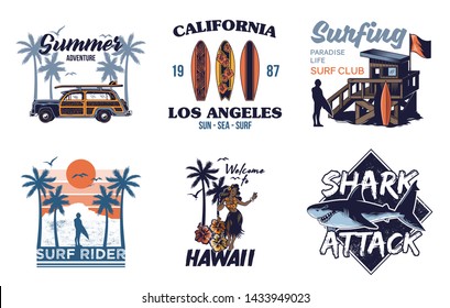 Set vintage print collection. Summer Hawaii California paradise surfing retro icons logo with sea ocean animals wave view palms travel beach surfer for poster t shirt sticker patch fashion illustration.