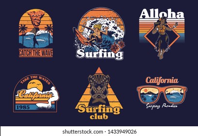 Set vintage print collection Summer Hawaii California paradise surfing retro icons logo with sea ocean animals wave view palms travel beach surfer for poster t shirt sticker patch fashion illustration