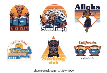 Set vintage print collection Summer Hawaii California paradise surfing retro icons logo with sea ocean animals wave view palms travel beach surfer for poster t shirt sticker patch fashion illustration