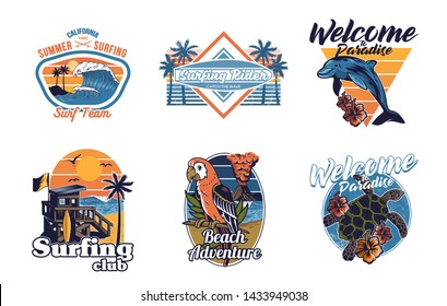 Set vintage print collection. Summer Hawaii California paradise surfing retro icons logo with sea ocean animals wave view palms travel beach surfer for poster t shirt sticker patc. fashion illustration.