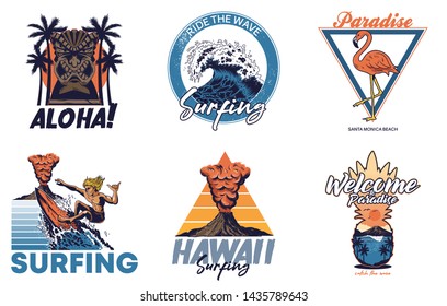 Set vintage print collection Summer Hawaii California paradise surfing retro icons logo with sea ocean animals wave view palms travel beach surfer for poster t shirt sticker patch fashion illustration