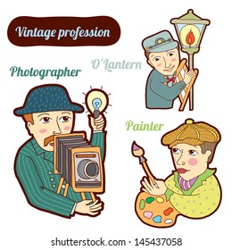 Set of vintage profession, cartoon style. Child illustration.