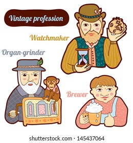 Set of vintage profession, cartoon style. Child illustration.