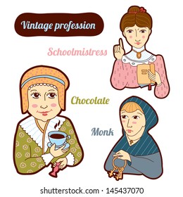 Set of vintage profession, cartoon style. Child illustration.