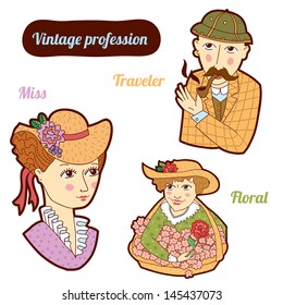 Set of vintage profession, cartoon style. Child illustration.