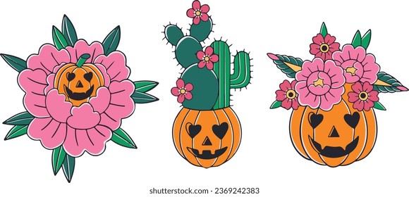 Set of vintage pumpkins with flower halloween on white background good for t-shirt, sticker, poster, etc