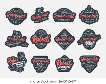 Set of vintage Rabbit and meat emblems and stamps. Farm meat badges, templates,stickers isolated on white background. Collection of retro logos with hand-drawn text and phrases. Vector illustration
