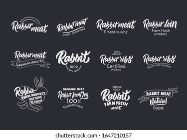 Set of vintage Rabbit meat phrases, emblems, stamps. Farm meat badges, templates, stickers on black background. Collection of retro logos with hand-drawn text. Vector illustration.