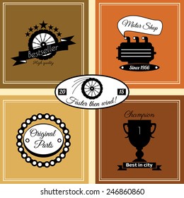 Set of vintage racing logos with various design elements, ribbons and emblems. Vector illustration.
