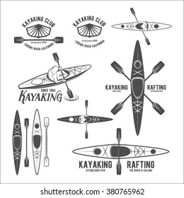 Set of vintage rafting, kayaking, paddling, canoeing camp logo, labels and badges. Kayak isolated vector. 