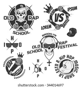 Set of vintage rap emblems, labels and design elements. Monochrome style. 