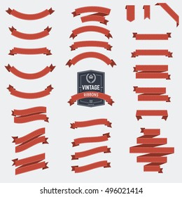 Set of vintage red color ribbons, scrolls and banners with white seam for emblems and shields.