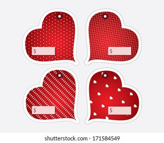 Set of vintage red heart shaped price tags for Valentine's day. Abstract red decorative hearts vector design, raster available in my portfolio. 