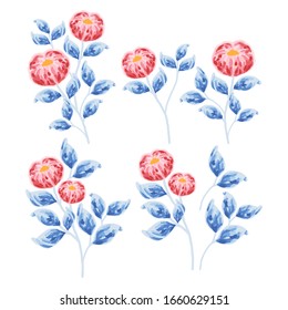 set of vintage red peony bud and blue leaf elements for wedding invitation, women's day, greeting card, flower logo, or floral icon