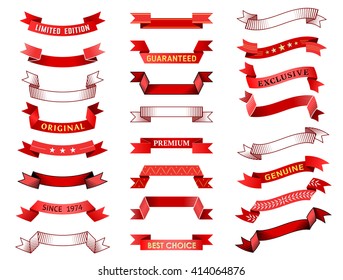 Set of vintage red ribbon banner. Collection of ribbon scroll and curled label. Vector element for design