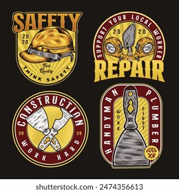 Set of vintage repair, and construction labels. Posters, stamps, banners, and design elements. Vector illustration	