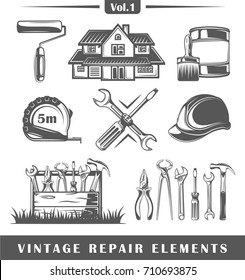 Set of vintage repair elements isolated on white background. Vector illustration 