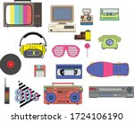 Set of vintage retro 1980s style items that symbolize the 80s decade, tv, vhs, pc, cassete, skate and more, icon isolated. Easy to combine and edit