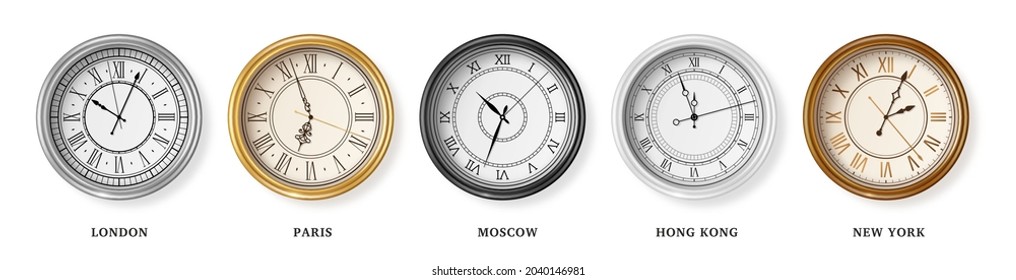 Set of vintage retro 3d wall clock for time zones different cities, London, Moscow, Paris and Hong Kong. Vector illustration. Business metal watch face icon