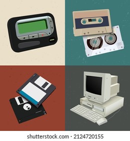 Set of vintage retro 70s-90s Nostalgia accessory gadget. Style item evoke feel of the decade cool symbol technology like beeper, pager, VHS tape, diskette floppy disk and computer pc. vector graphic.