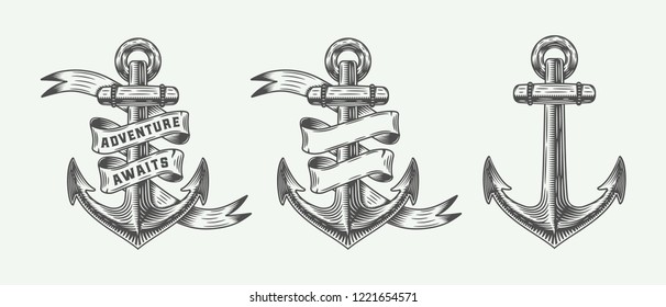 Set of vintage retro anchors in retro style with adventures typography. Monochrome graphic Art. Vector Illustration.
