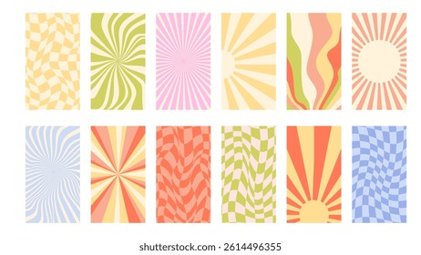 Set of vintage retro backgrounds in 80s style. Retro aesthetics of hippie, groovy. Sun rays, spirals, twisted lines, checkerboard pattern. Vector bg