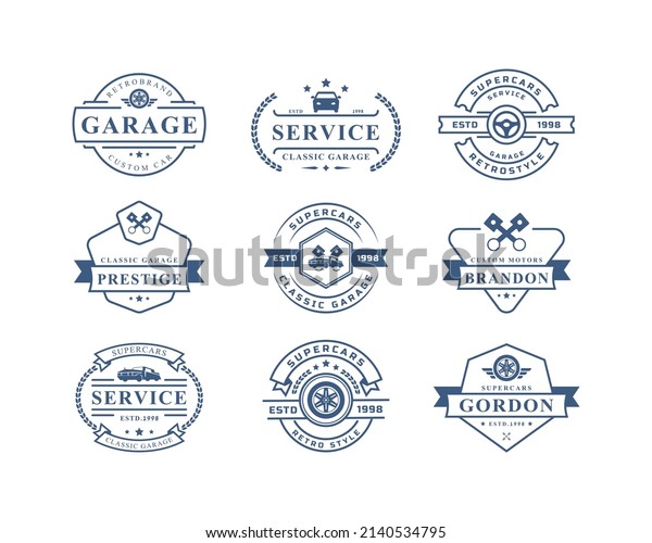 Set of Vintage Retro Badge Car Logo\
Emblem. Classic Cars Repairs, Tire Service\
Silhouettes
