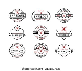 Set of Vintage Retro Badge for Grill Barbeque Barbecue BBQ with Crossed Fork and Fire Flame Logo Emblem Design Symbol
