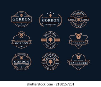 Set of Vintage Retro Badge Grill Restaurant Barbecue Steak House Menu Emblem and Food Silhouettes Typography Logo Design