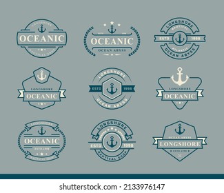 Set of Vintage Retro Badge Nautical and Ocean Logo with Ship Anchor Symbol for Marine Emblem Design Template