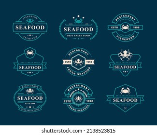 Set of Vintage Retro Badge Seafood Fish Market and Restaurant Emblem Template Silhouettes Typography Logo Design