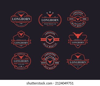 Set of Vintage Retro Badge for Texas Longhorn Western Bull Head Family Countryside Farm Logo Design Template Element