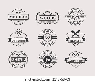 Set of Vintage Retro Badge Working Tools, Carpentry, Workshop Labels, Logos Design Elements