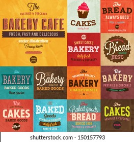 Set of vintage retro bakery labels and logo badges, paper textures set