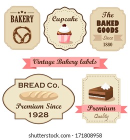 Set of vintage retro bakery labels, stamps and design elements, isolated vector illustrations