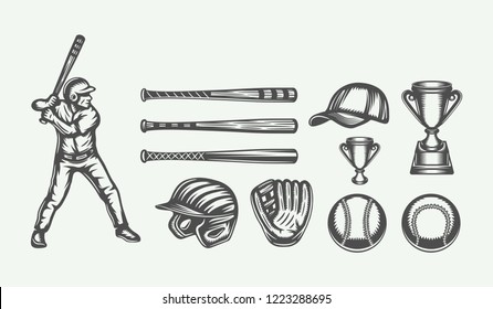 Set of vintage retro baseball elements. Can be used for logos, emblems, badges  and other projects. Monochrome graphic Art. Vector Illustration
