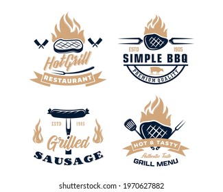 Set of Vintage Retro BBQ Grill, Barbecue, Barbeque Label Stamp Logo design vector
