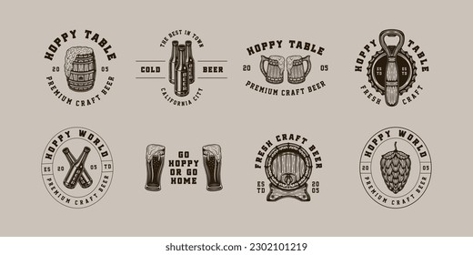 Set of vintage retro beer brewing emblem, logo, badge, label. mark, poster or print. Monochrome Graphic Art. Engraving style vecctor Illustration.