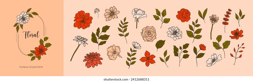 Set von Vintage Retro botanische Blumen und Blätter. Blumen und Blätter Grünpflanzen handgezeichnet Skizze Äste, Zweige. Vektorgrafik für die Hochzeitseinladung speichern Sie die Datumskarte, den Blumenladen