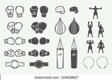 Set of vintage retro boxing and fighting elements. Can be used for logo, emblem, badge, mark or label. Vector Illustration.