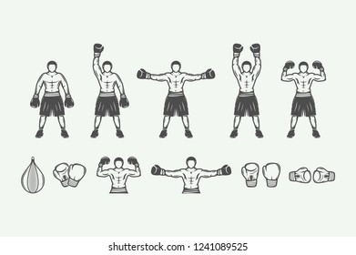 Set of vintage retro boxing and fighting elements. Can be used for logo, emblem, badge, mark or label. Vector Illustration.
