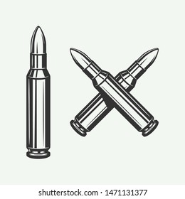Set of vintage retro bullets. Can be used for logo, emblem, badge, poster design. Line woodcut style. Monochrome Graphic Art. Vector Illustration.