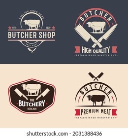 Set of Vintage Retro Butcher Shop Logo Design. With crossed cleavers or knives, goat or sheep, and cow icons. Premium and luxury logo