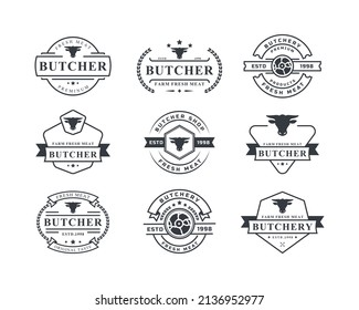 Juego de vintage tienda de carnicerías retro Vector Ilustración Buena para distintivos de granja o restaurante con animales y siluetas de carne Emblemas de tipografía Logo Diseño