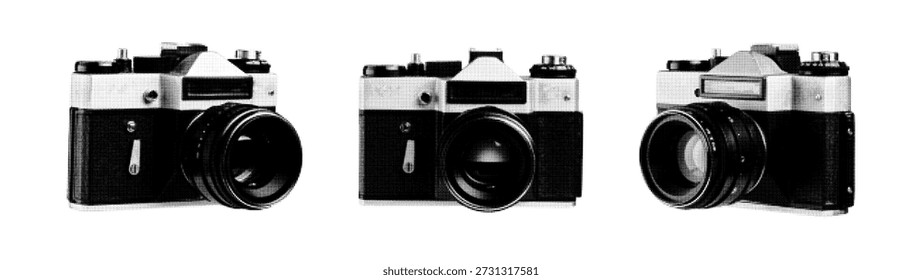 Conjunto de ilustrações de meio-tom de câmera retrô vintage. Ícones de equipamentos fotográficos pontilhados vetoriais para estética de papel de jornal, design de mídia retrô e colagem de arte pop. Objetos isolados em preto e branco.