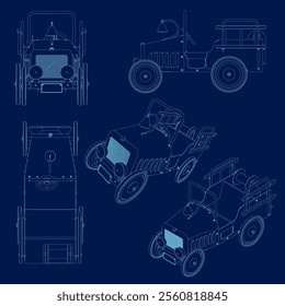 Set of Vintage Retro Car. Vector outline isolated on blue.