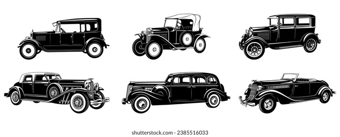 Set of Vintage Retro Cars. Vector silhouettes isolated on white.