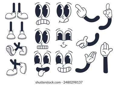 Set of Vintage Retro Cartoon Character Body Parts and Expressions Elements