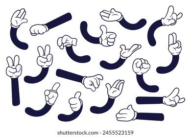 Set of vintage retro cartoon hands showing different gestures. Hand drawn illustration